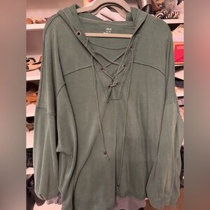Aerie Green Lace Up V-Neck Boxy Oversized Hoodie Sweatshirt XL Lounge